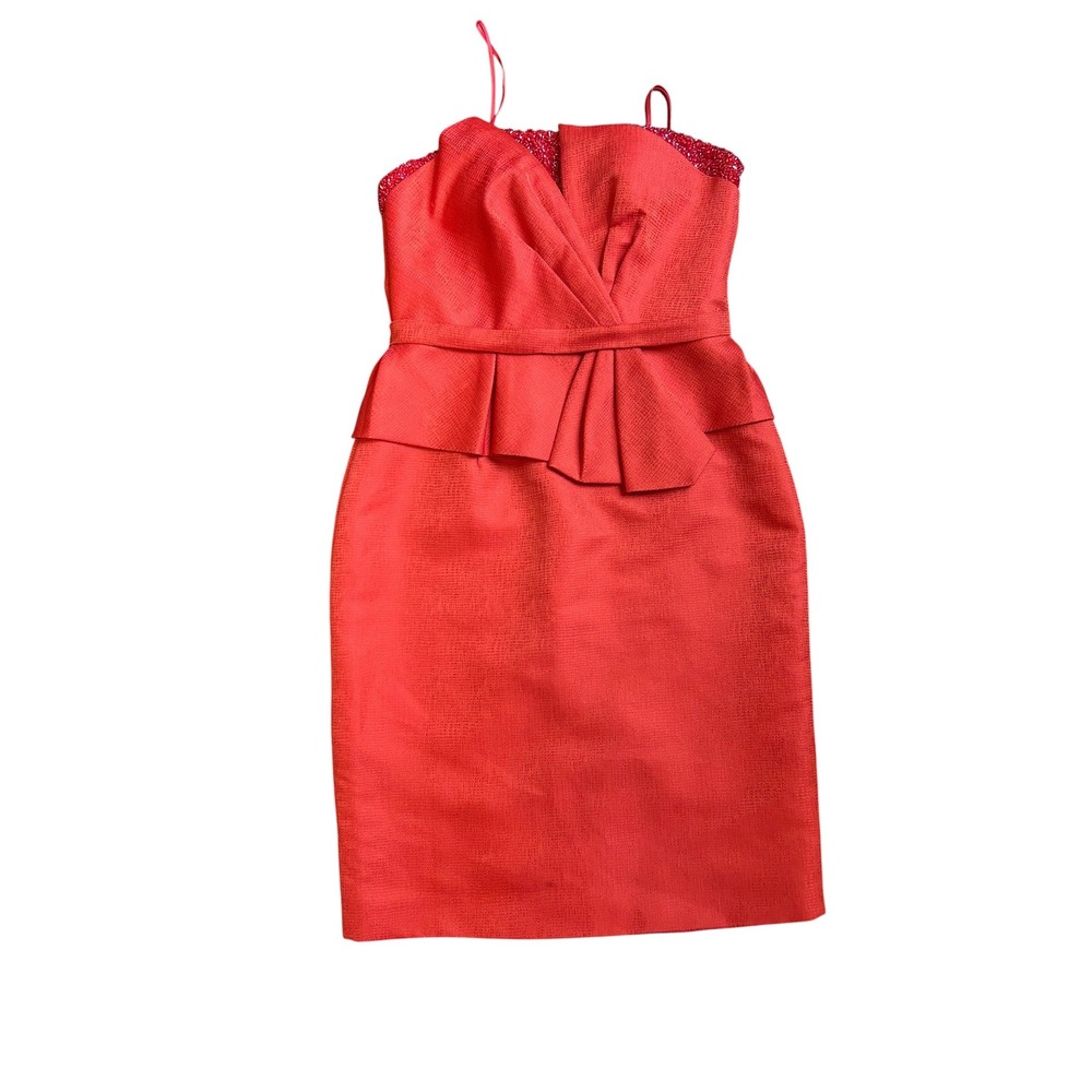 Theia Red Peplum Beaded Strapless Cocktail Mini Dress Womens Size 4